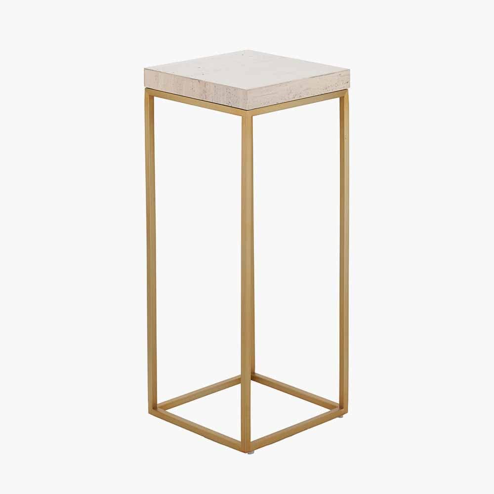 Madison Beige Granite and Burnished Gold Metal Tall Square Side Table.