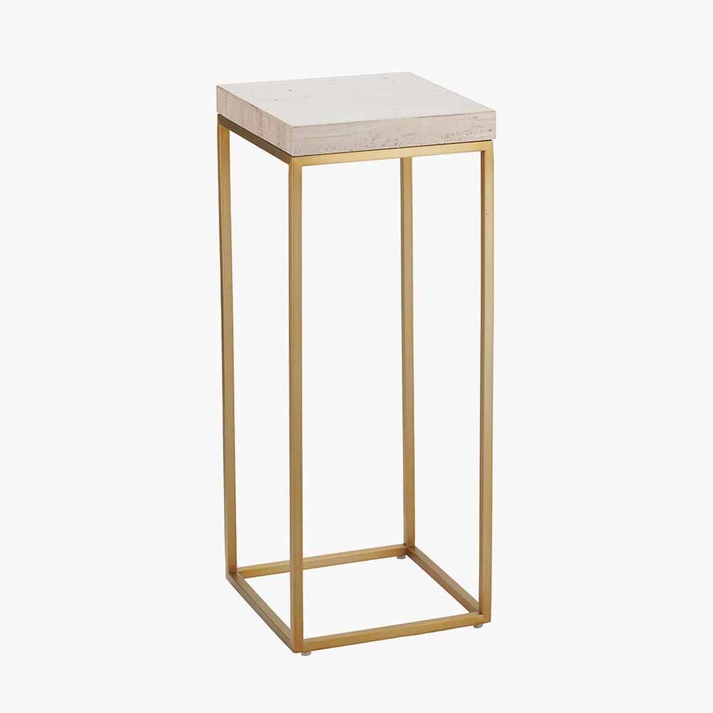 Madison Beige Granite and Burnished Gold Metal Tall Square Side Table.