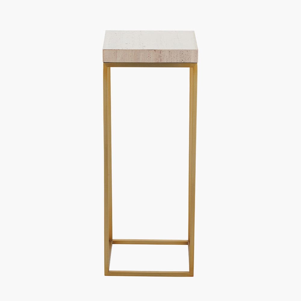Madison Beige Granite and Burnished Gold Metal Tall Square Side Table.