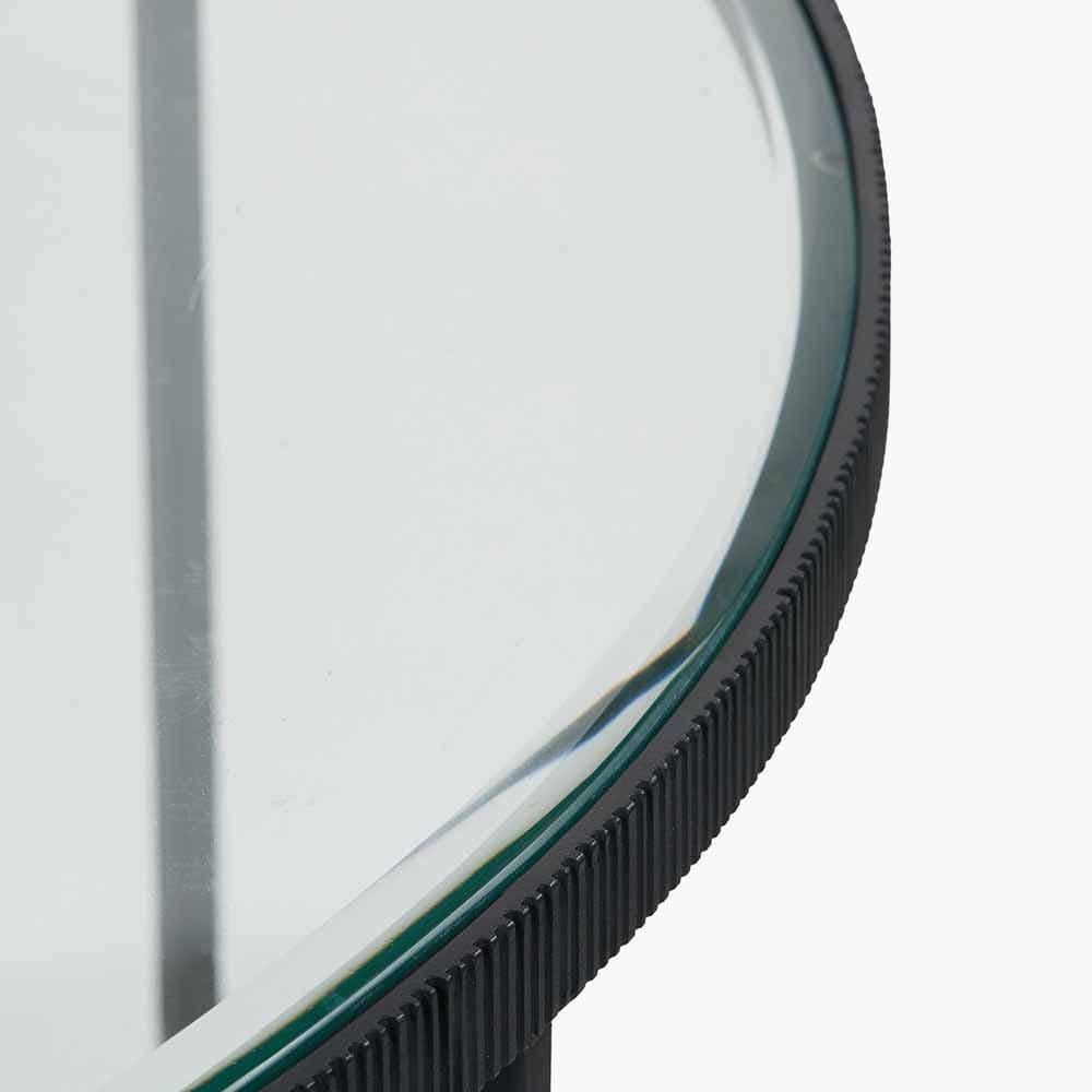 Marazzi Bevelled Glass and Black Metal Half Moon Console Table.