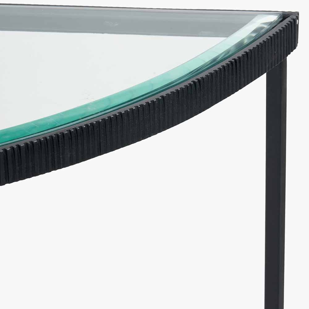 Marazzi Bevelled Glass and Black Metal Half Moon Console Table.