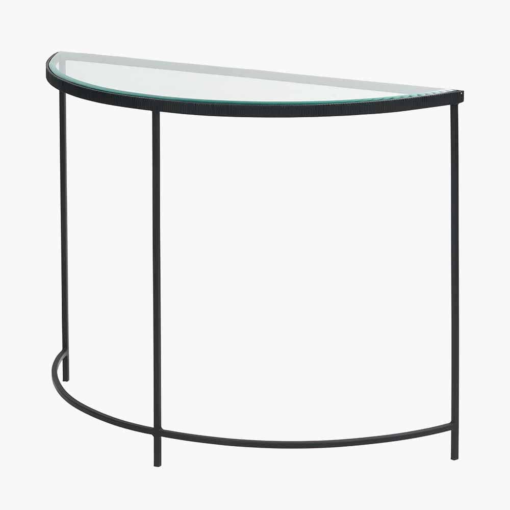 Marazzi Bevelled Glass and Black Metal Half Moon Console Table.