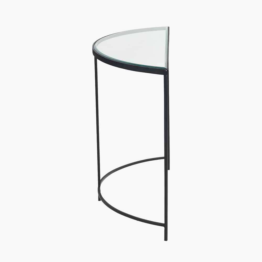 Marazzi Bevelled Glass and Black Metal Half Moon Console Table.