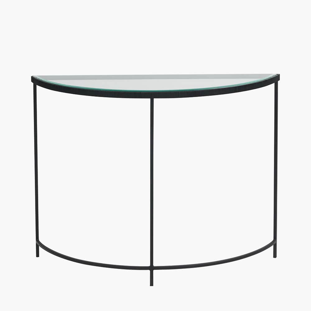Marazzi Bevelled Glass and Black Metal Half Moon Console Table.