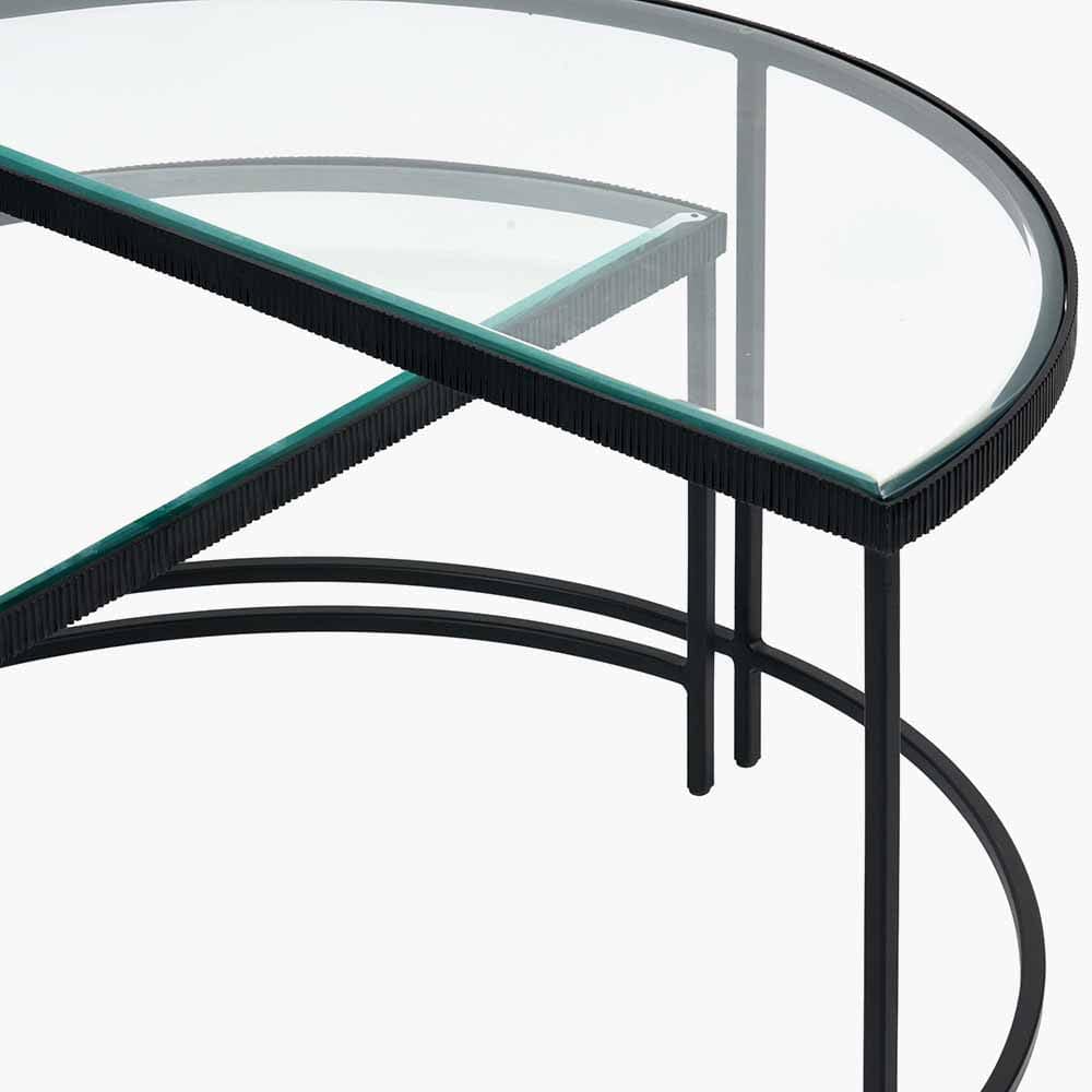 Marazzi S/2 Bevelled Glass and Black Metal Half Moon Coffee Tables.