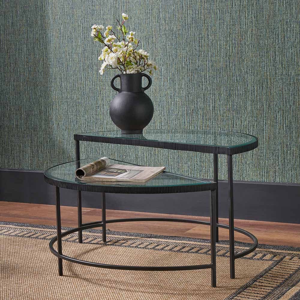 Marazzi S/2 Bevelled Glass and Black Metal Half Moon Coffee Tables.