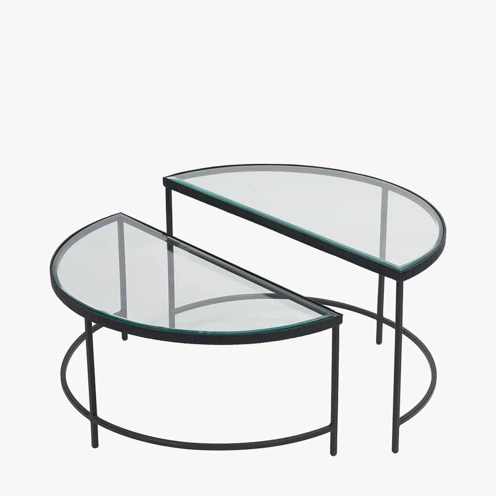 Marazzi S/2 Bevelled Glass and Black Metal Half Moon Coffee Tables.