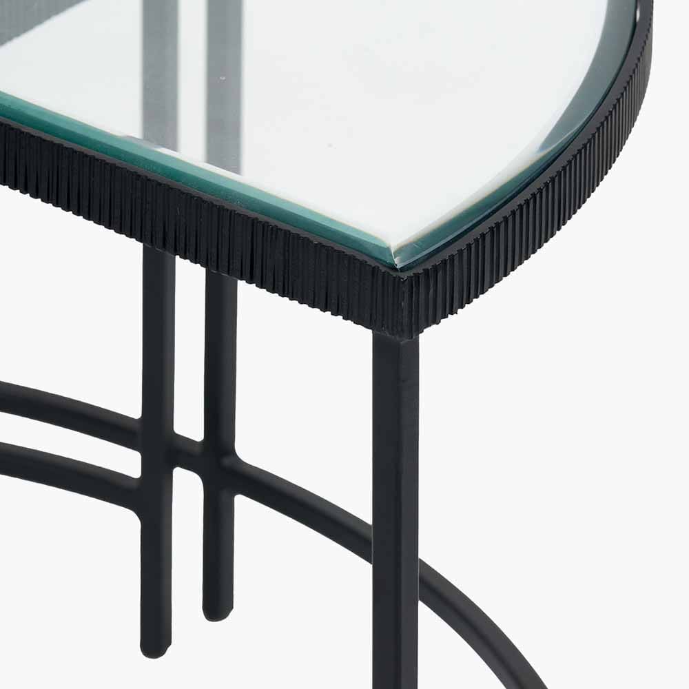 Marazzi S/2 Bevelled Glass and Black Metal Half Moon Coffee Tables.