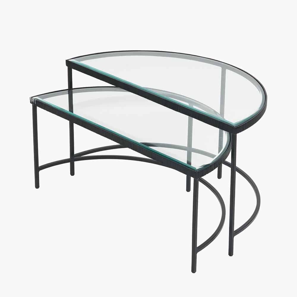 Marazzi S/2 Bevelled Glass and Black Metal Half Moon Coffee Tables.