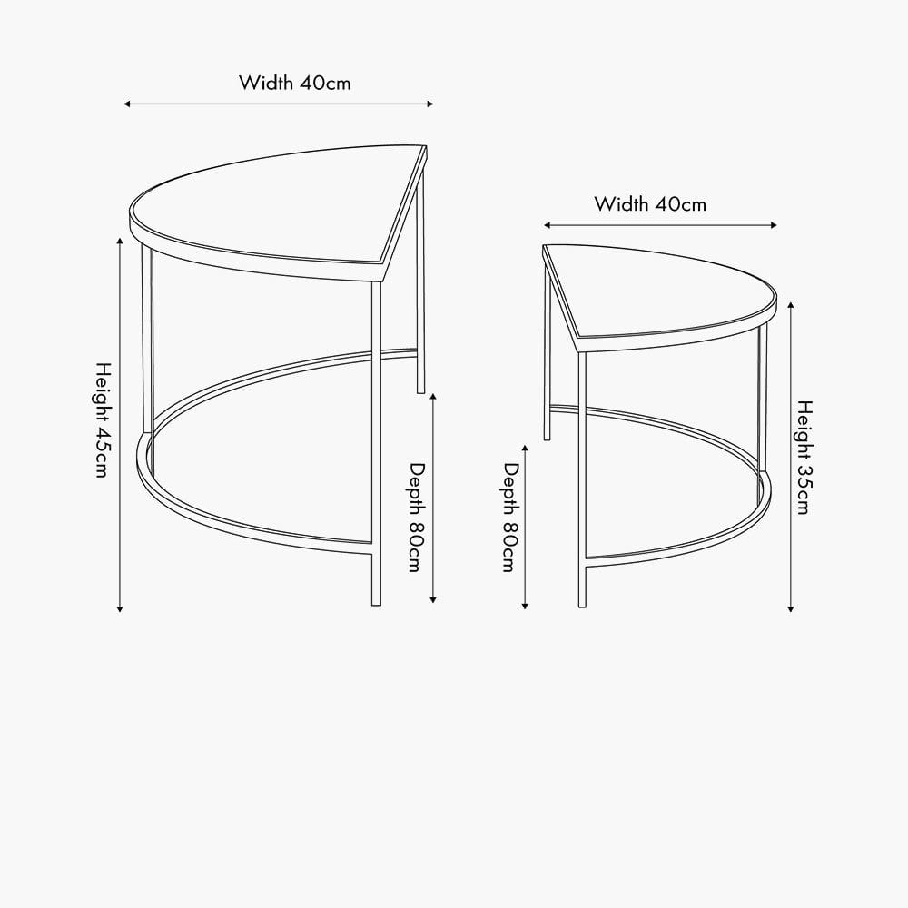 Marazzi S/2 Bevelled Glass and Black Metal Half Moon Coffee Tables.