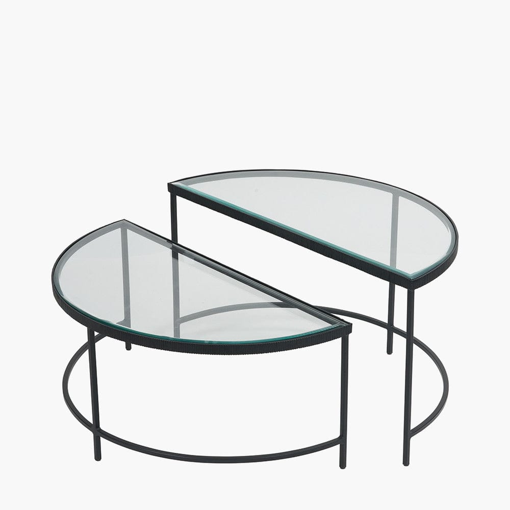 Marazzi S/2 Bevelled Glass and Black Metal Half Moon Coffee Tables.