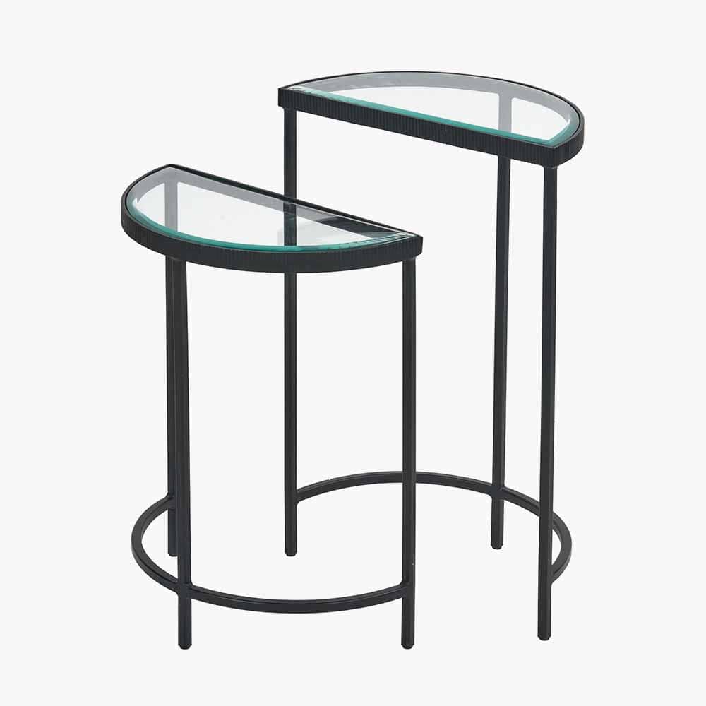 Marazzi S/2 Bevelled Glass and Black Metal Half Moon Side Tables.