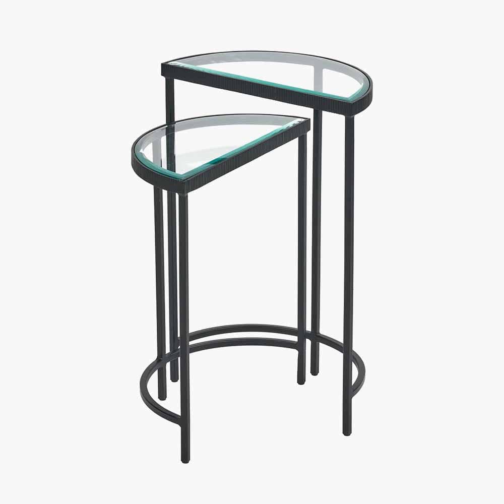 Marazzi S/2 Bevelled Glass and Black Metal Half Moon Side Tables.
