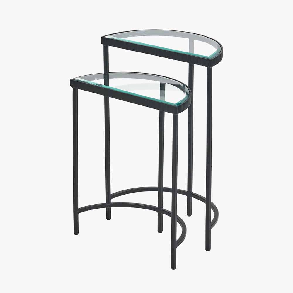 Marazzi S/2 Bevelled Glass and Black Metal Half Moon Side Tables.