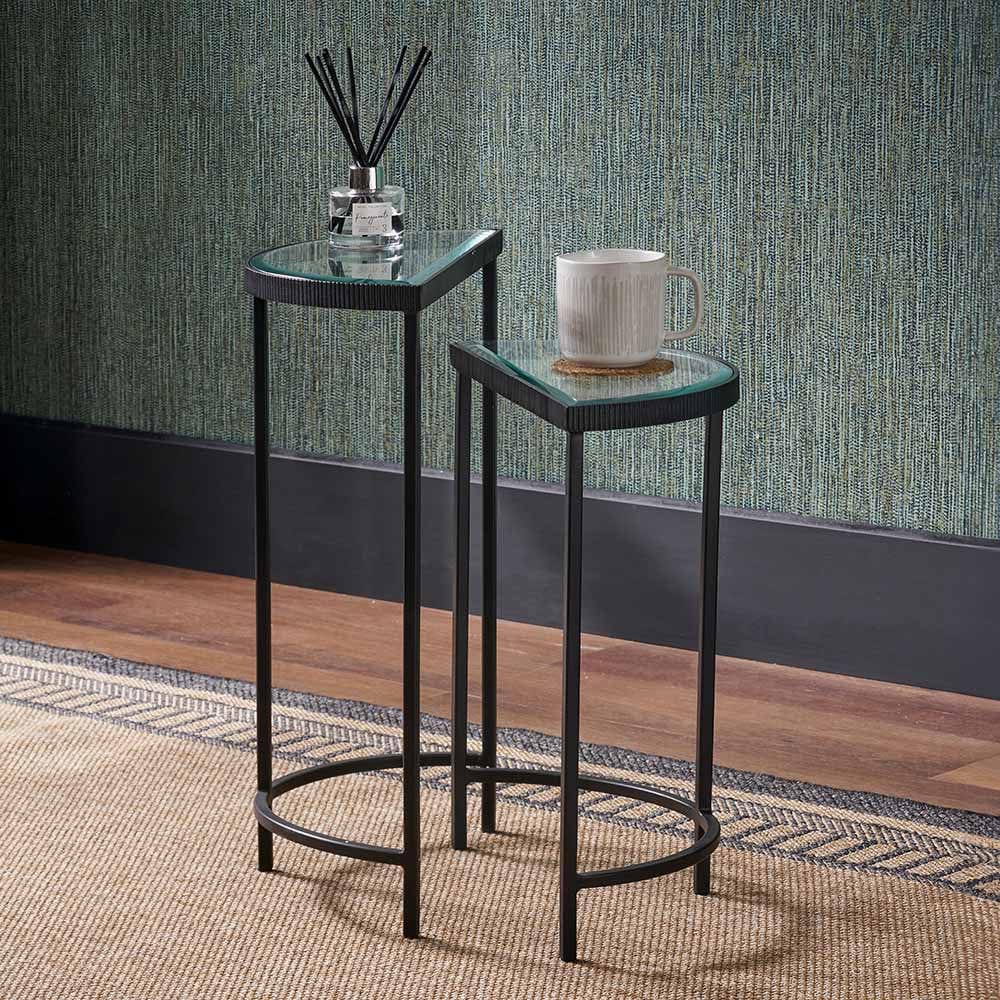 Marazzi S/2 Bevelled Glass and Black Metal Half Moon Side Tables.