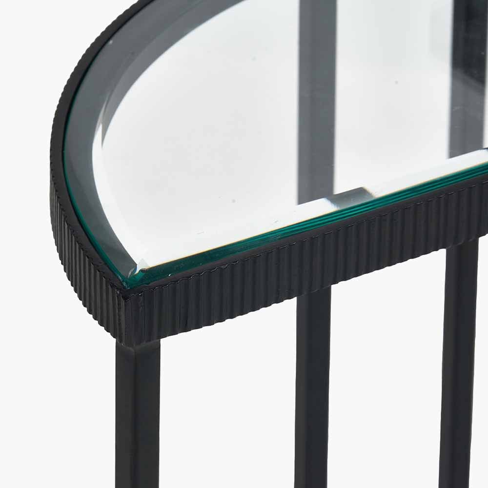 Marazzi S/2 Bevelled Glass and Black Metal Half Moon Side Tables.