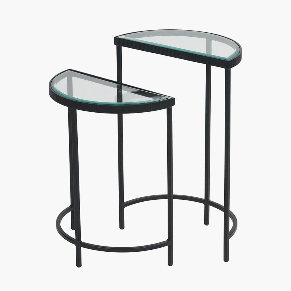 Marazzi S/2 Bevelled Glass and Black Metal Half Moon Side Tables.