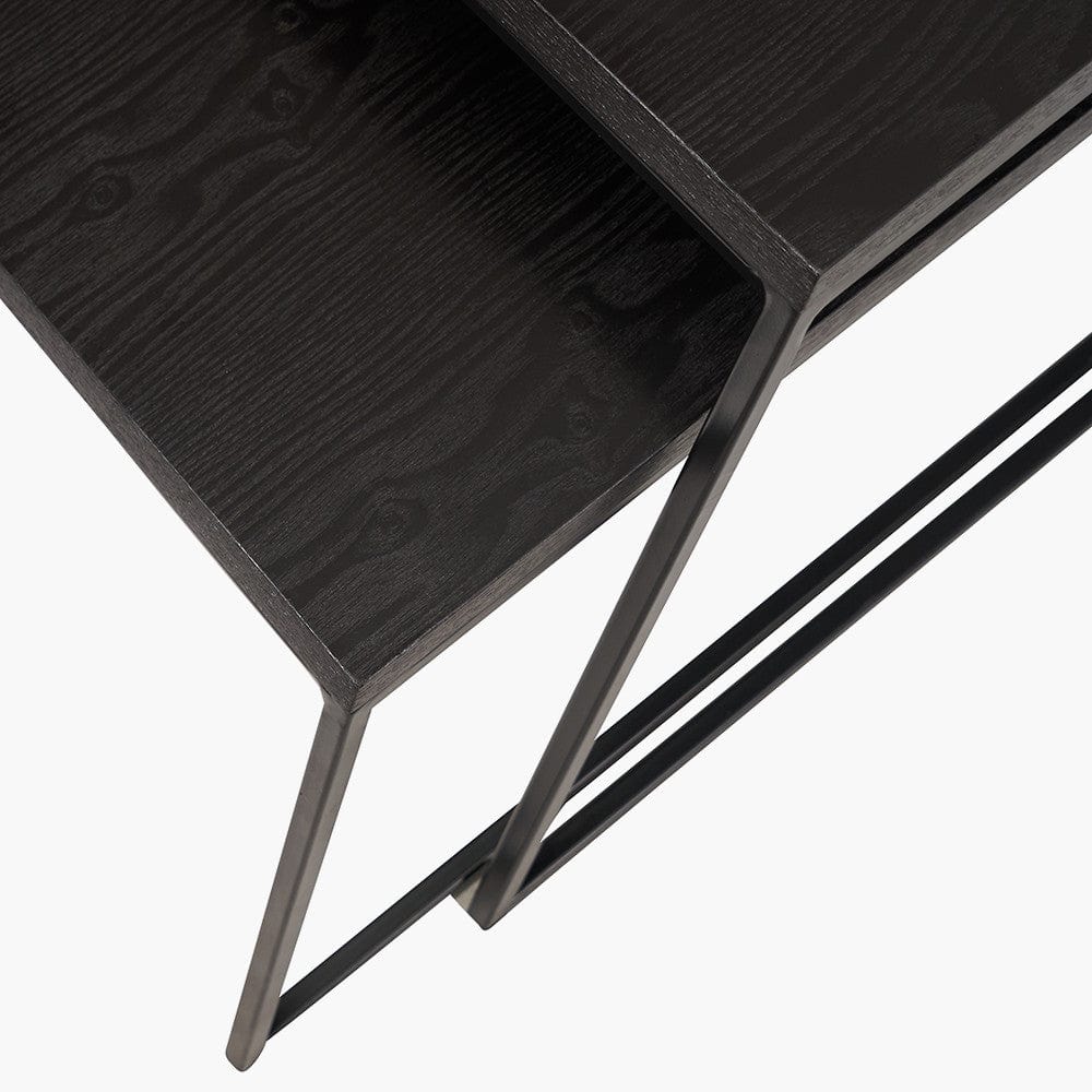 Mashiko S/2 Black Ash Veneer and Black Metal Coffee Tables.