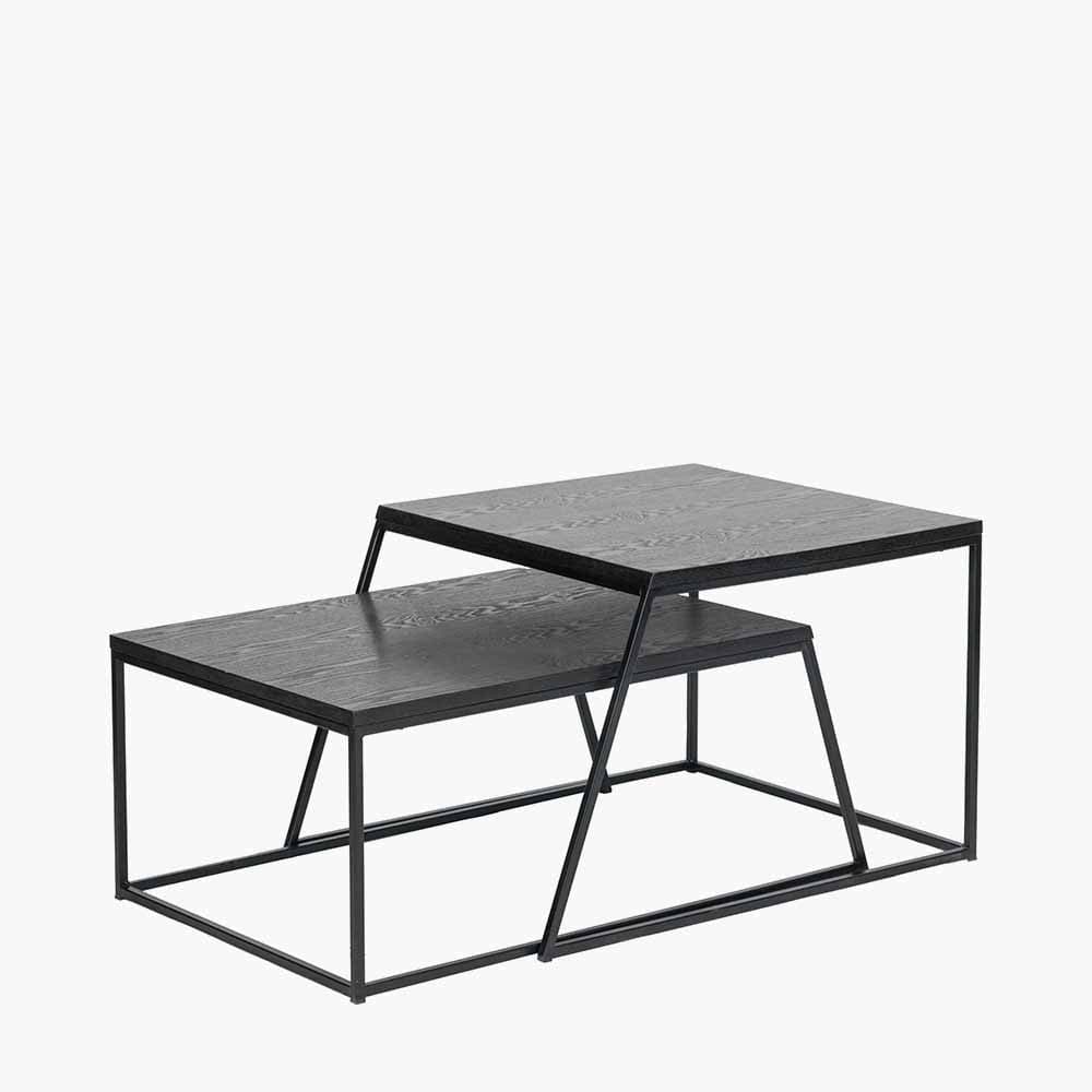Mashiko S/2 Black Ash Veneer and Black Metal Coffee Tables.