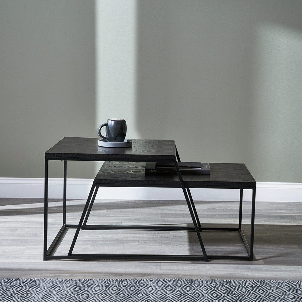 Mashiko S/2 Black Ash Veneer and Black Metal Coffee Tables.