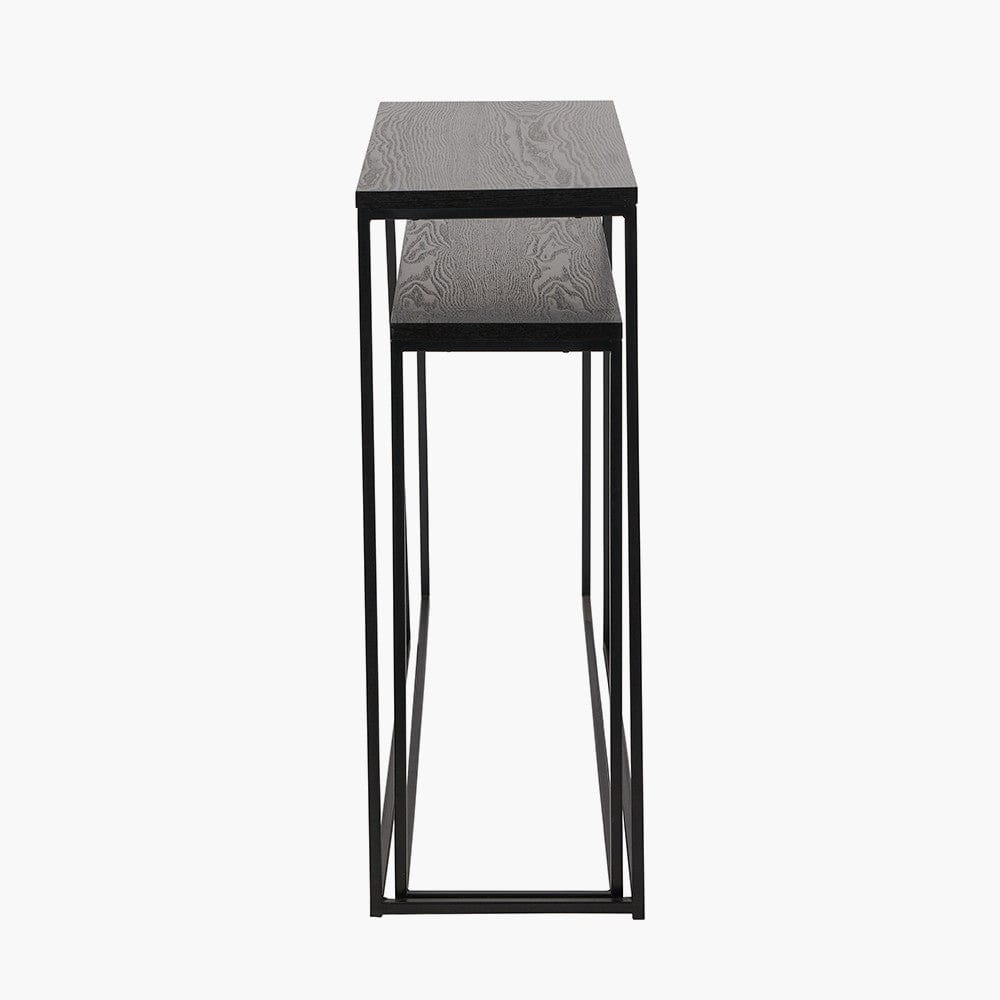Mashiko S/2 Black Ash Veneer and Black Metal Console Tables.