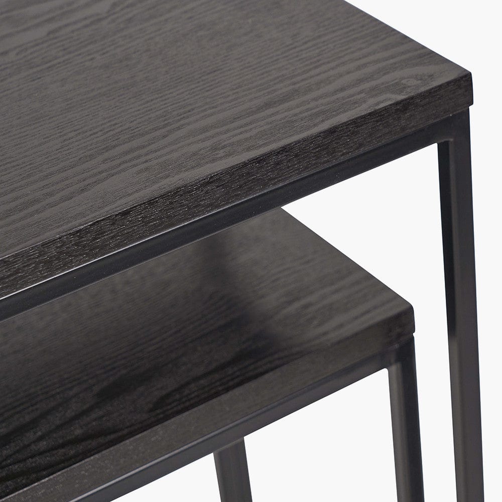 Mashiko S/2 Black Ash Veneer and Black Metal Console Tables.