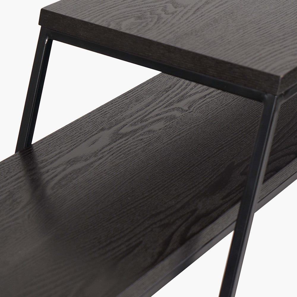Mashiko S/2 Black Ash Veneer and Black Metal Console Tables.