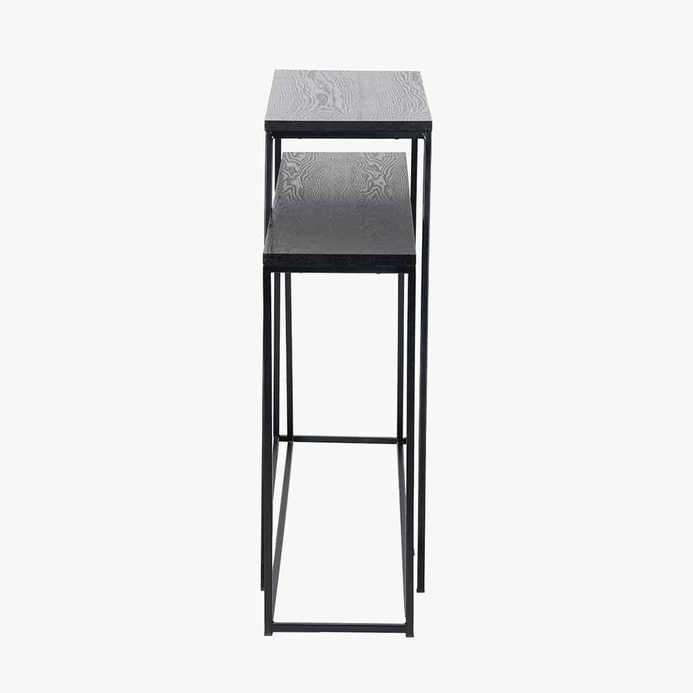 Mashiko S/2 Black Ash Veneer and Black Metal Console Tables.