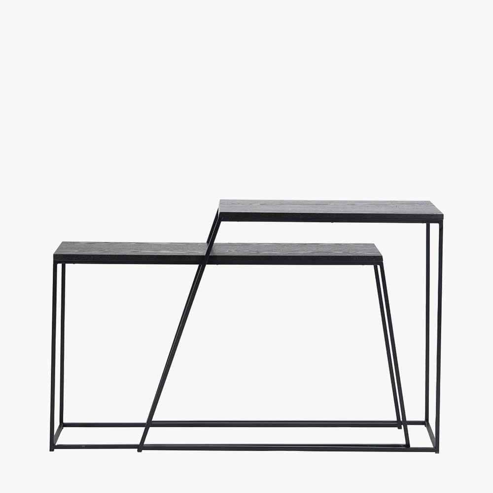 Mashiko S/2 Black Ash Veneer and Black Metal Console Tables.