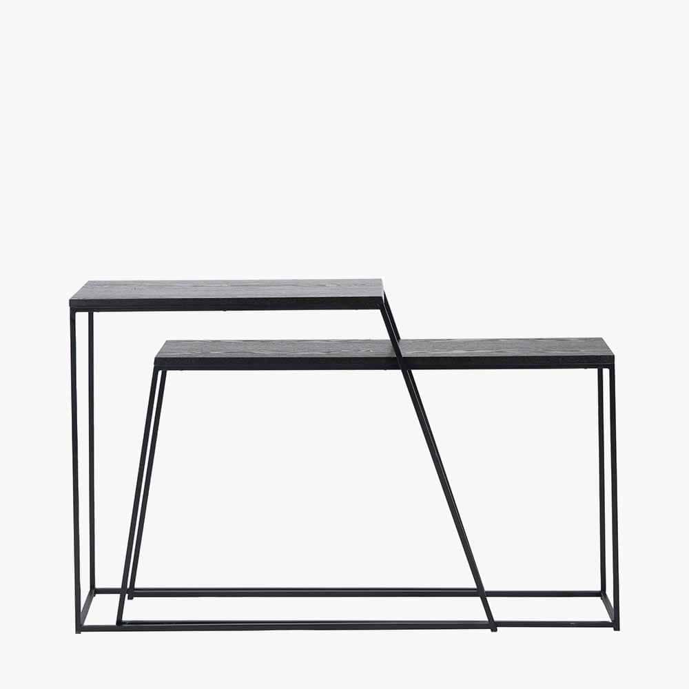 Mashiko S/2 Black Ash Veneer and Black Metal Console Tables.