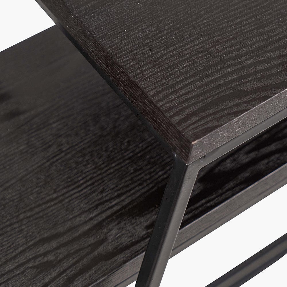 Mashiko S/2 Black Ash Veneer and Black Metal Console Tables.