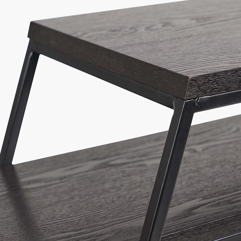Mashiko S/2 Black Ash Veneer and Black Metal Console Tables.