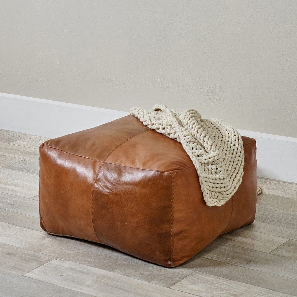 Matteo Natural Tan Leather Square Pouffe.