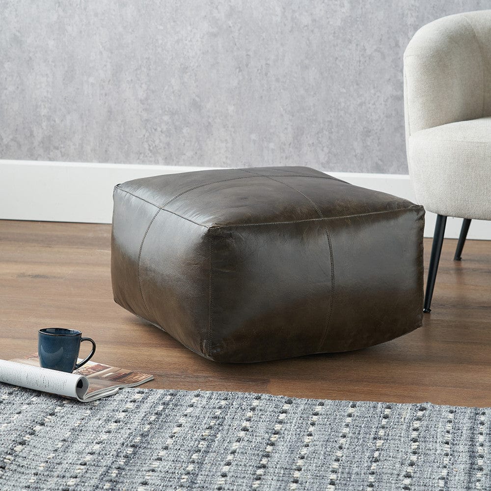 Pacific Lifestyle Living Matteo Peppercorn Leather Square Pouffe House of Isabella UK