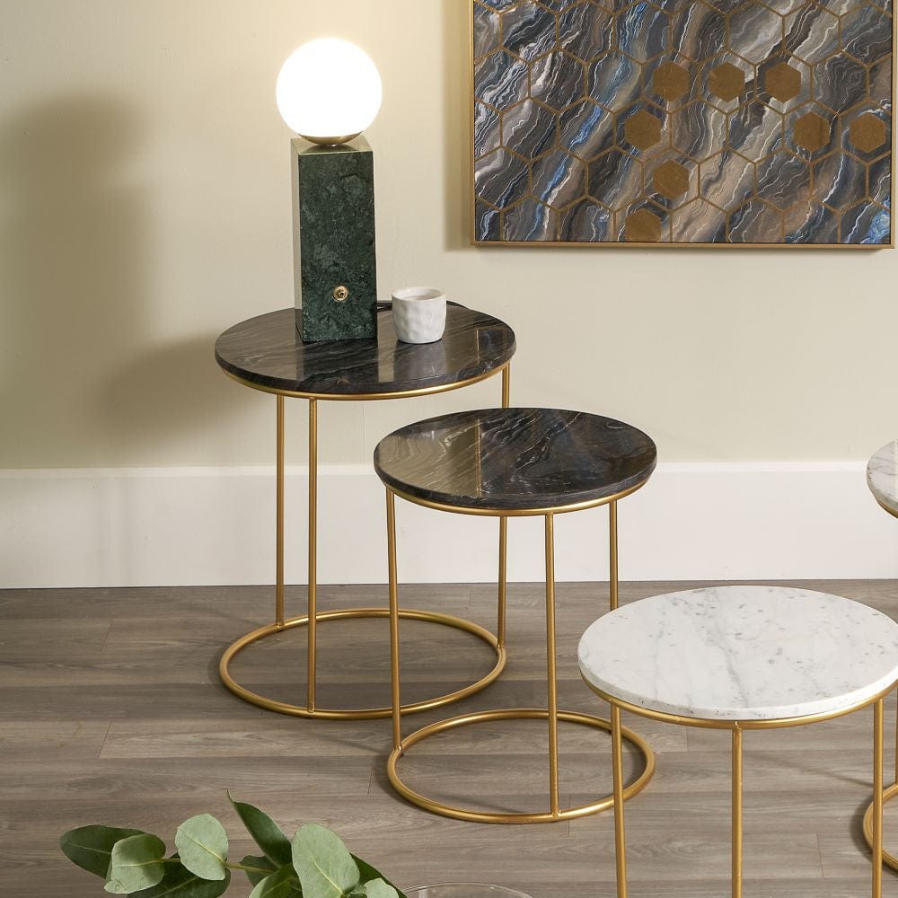 Milly S/2 Black Marble and Gold Metal Side Tables.