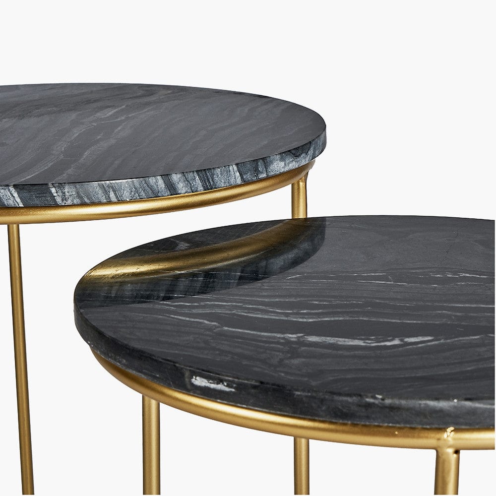 Milly S/2 Black Marble and Gold Metal Side Tables.