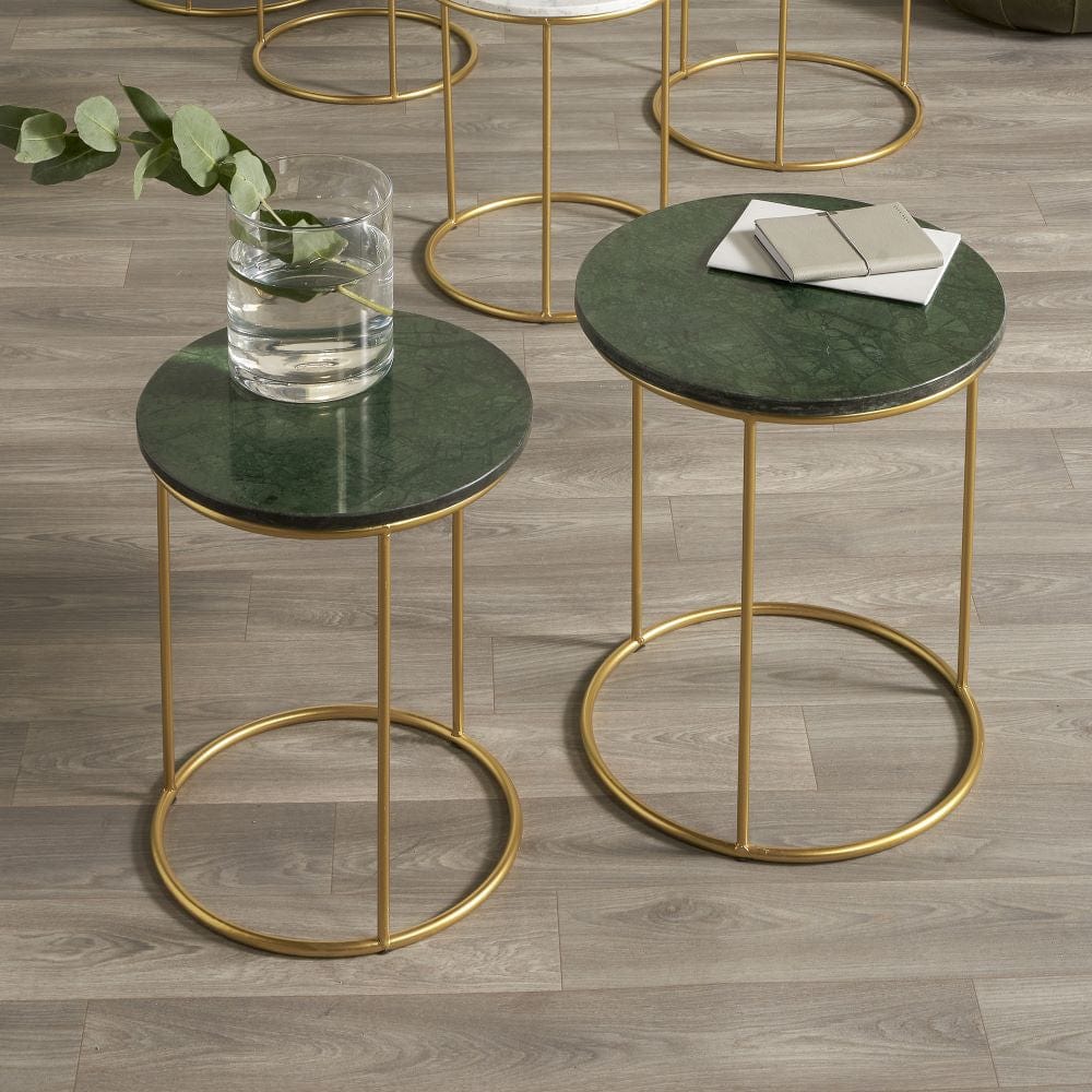 Milly S/2 Green Marble and Gold Metal Side Tables.