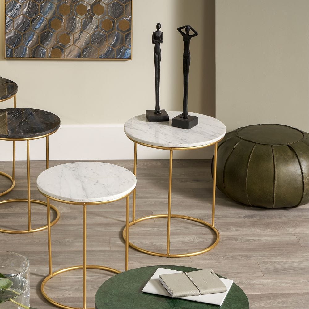 Milly S/2 White Marble and Gold Metal Side Tables.