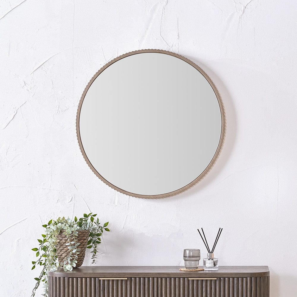 Natural Oak Wood Veneer Textured Edge Round Wall Mirror.