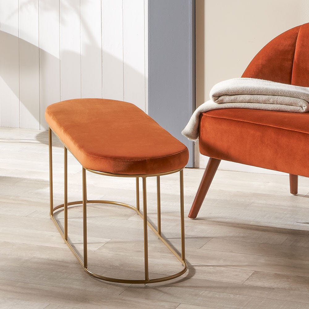 Nino Tobacco Velvet Bench with Gold Metal Frame.