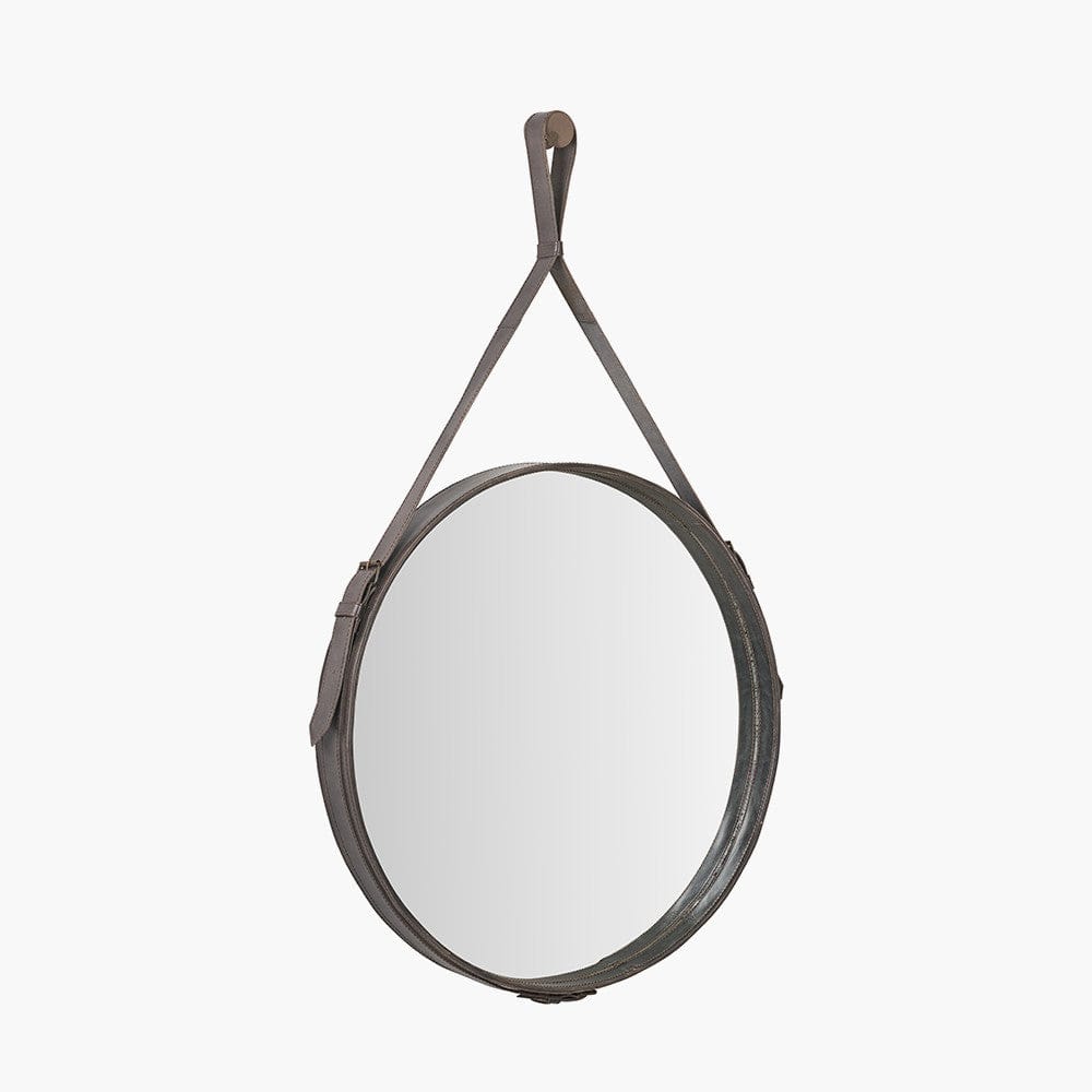 Peppercorn Leather Frame Round Wall Mirror.