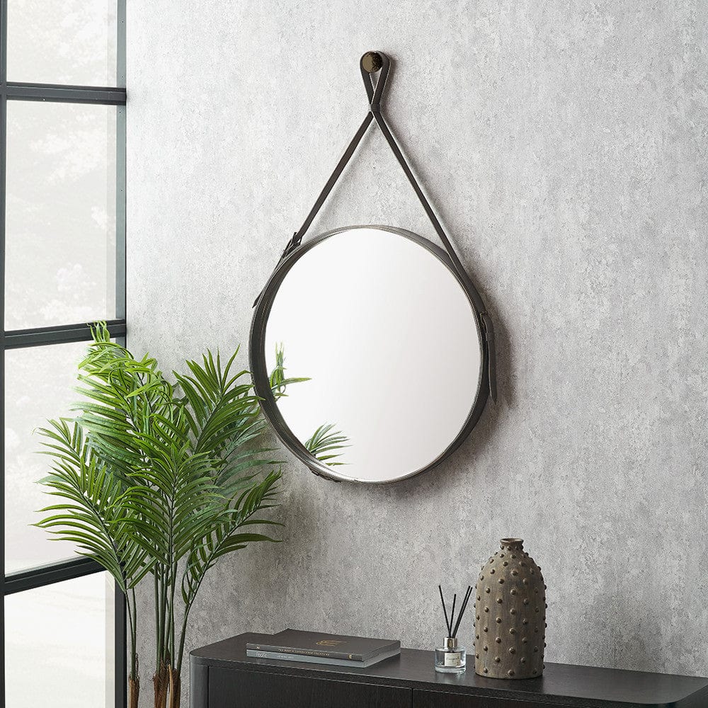 Peppercorn Leather Frame Round Wall Mirror.