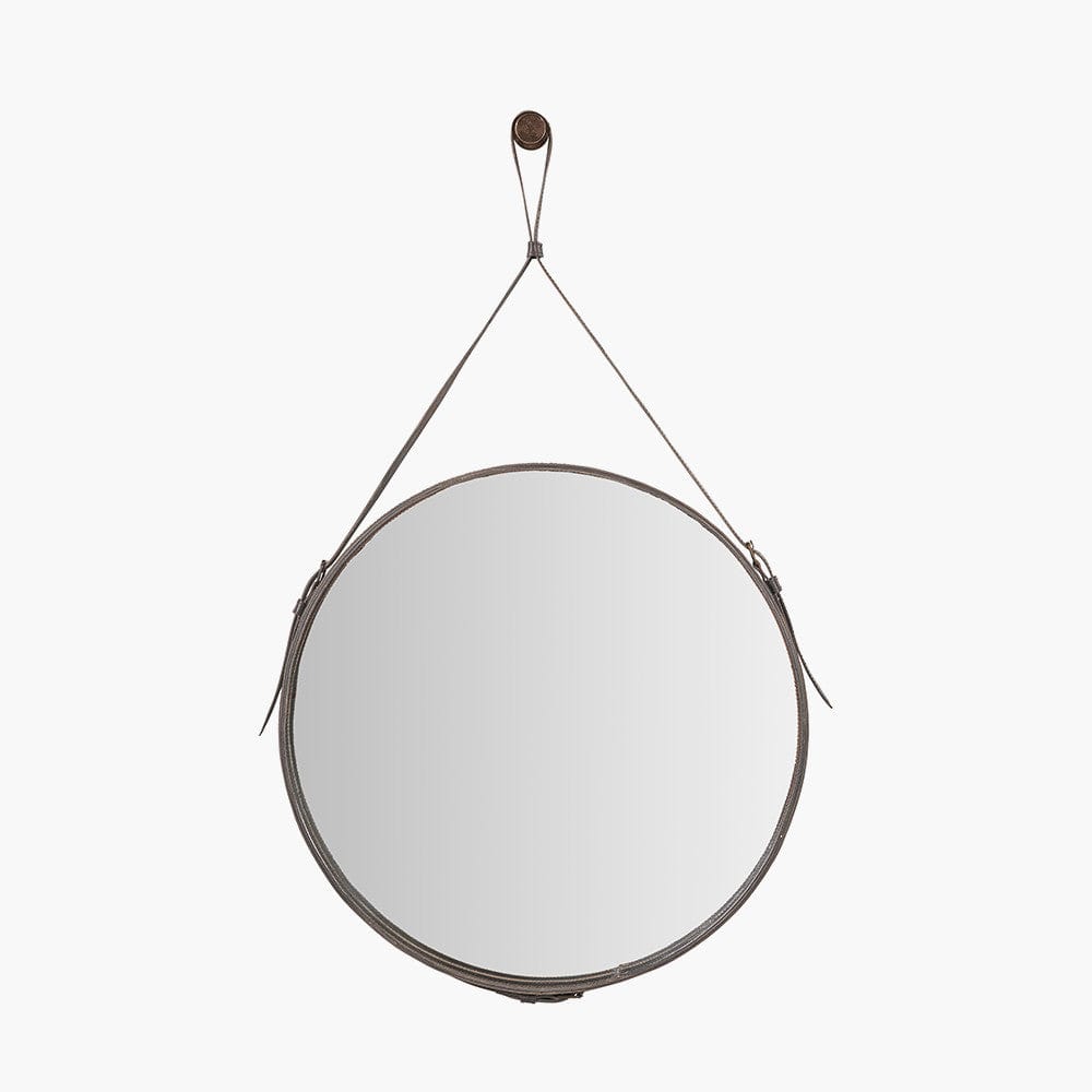 Peppercorn Leather Frame Round Wall Mirror.