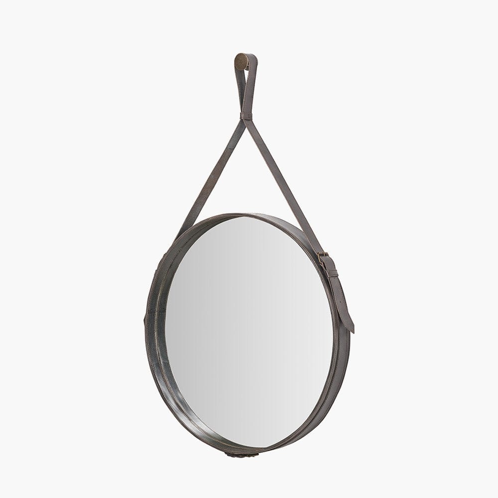 Peppercorn Leather Frame Round Wall Mirror.