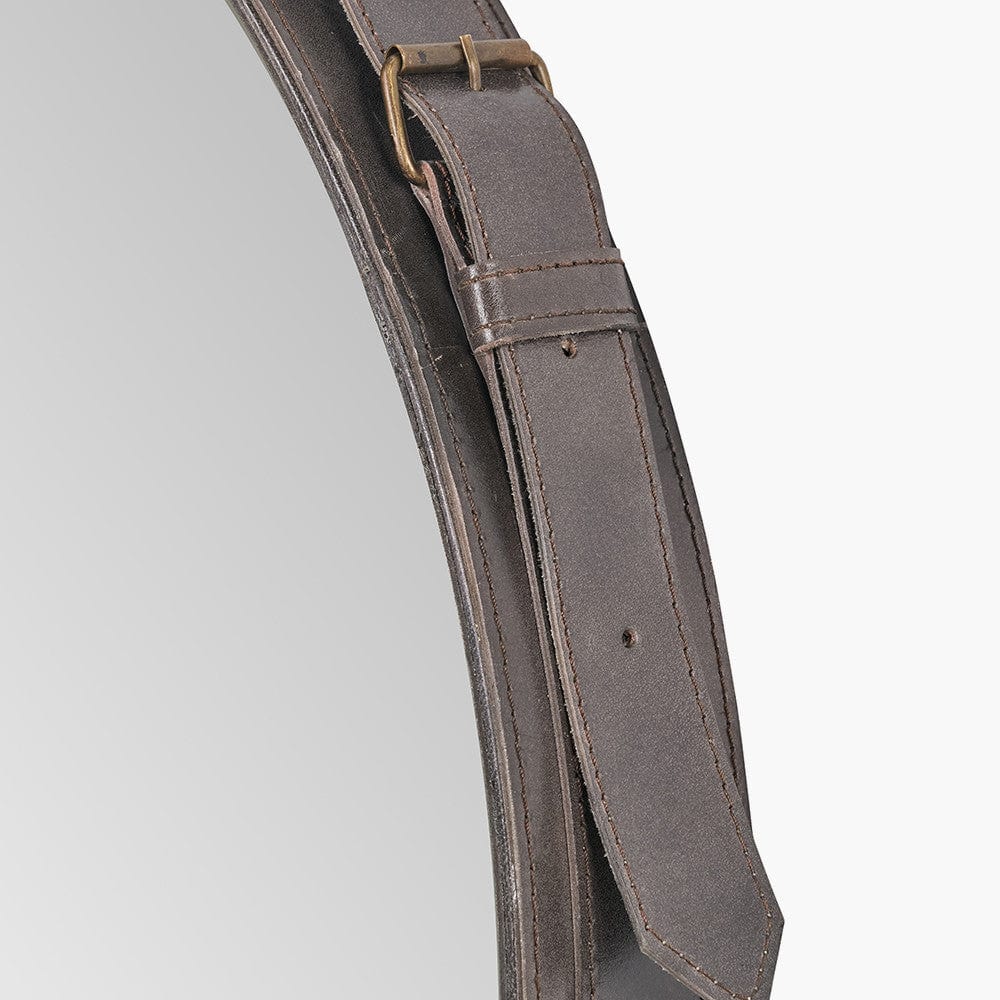 Peppercorn Leather Frame Round Wall Mirror.