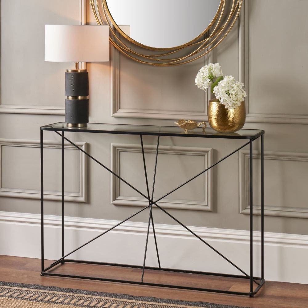Roxy Glass and Black Metal Console Table.