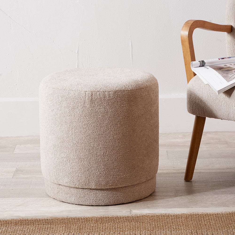 Sassari Taupe Teddy Fabric Cylinder Pouffe.