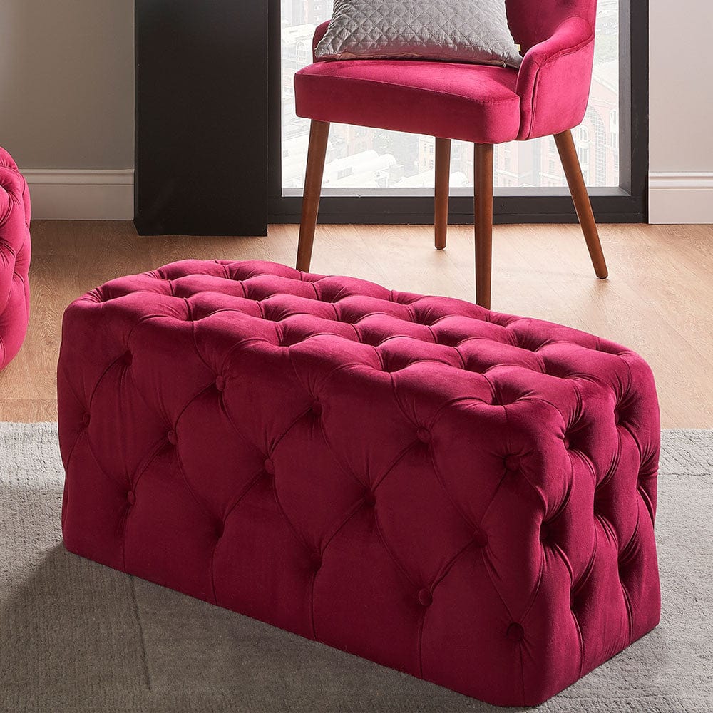 Pacific Lifestyle Living Seraphina Raspberry Velvet Buttoned Rectangular Ottoman House of Isabella UK