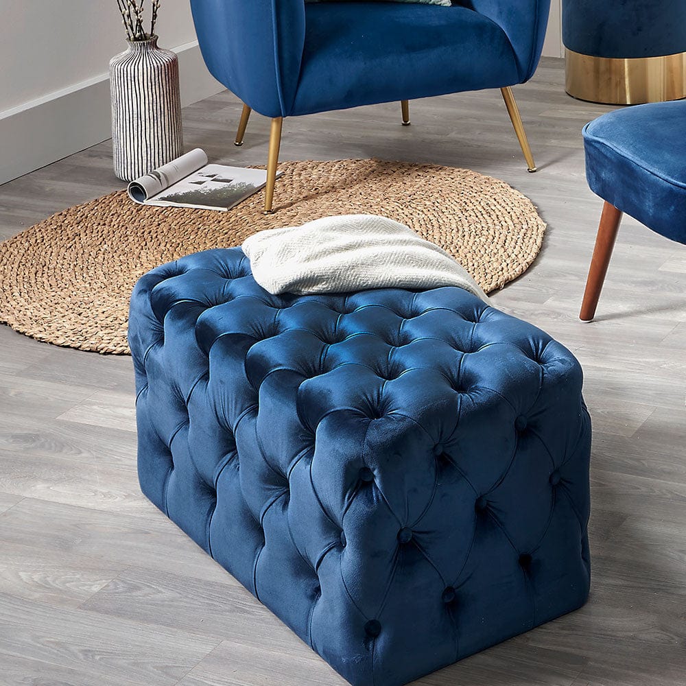 Seraphina Sapphire Blue Velvet Buttoned Rectangular Ottoman.