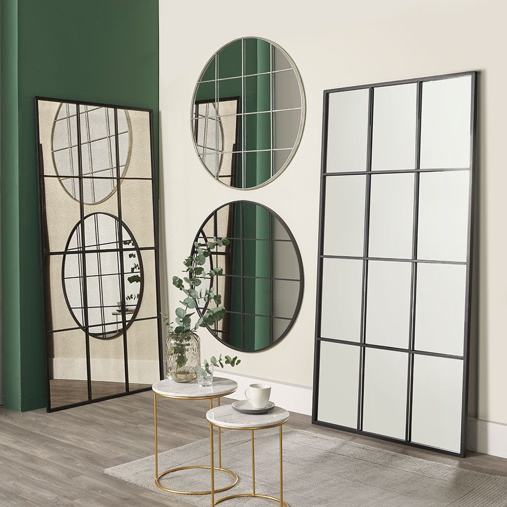 Silver Metal 16 Pane Round Wall Mirror.